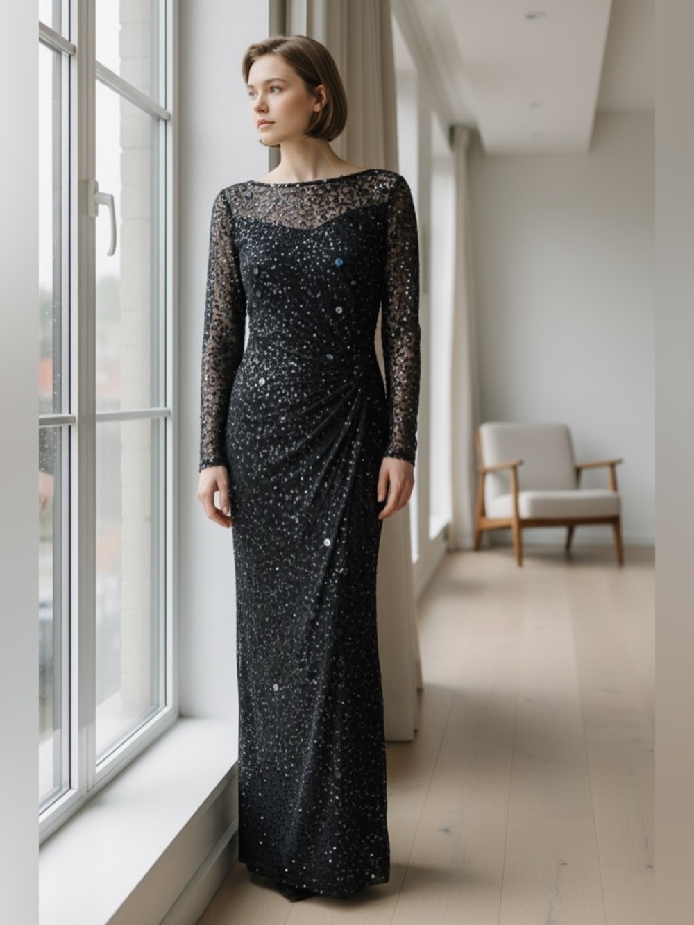 QUIZ Black Embellished Twist Detail Maxi Dress Sequin Evening Gown US 6 NWT